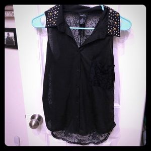 Button up tank with lace and embellished collar